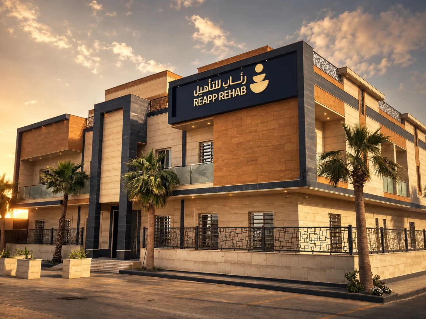 واجهة مبنى مركز رئاب للتأهيل في البكيرية وقت الغروب